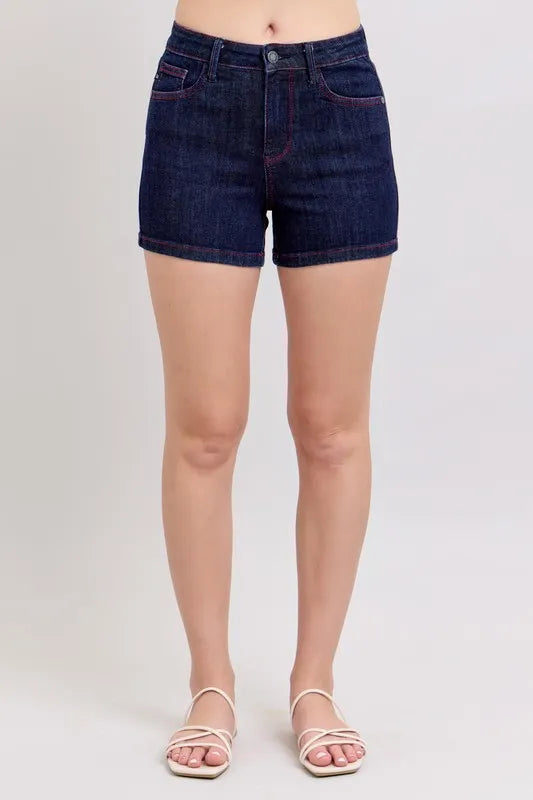 Dk Judy Blue High Waist Heart Shaped Pkts Red Contrast Thread Denim Shorts