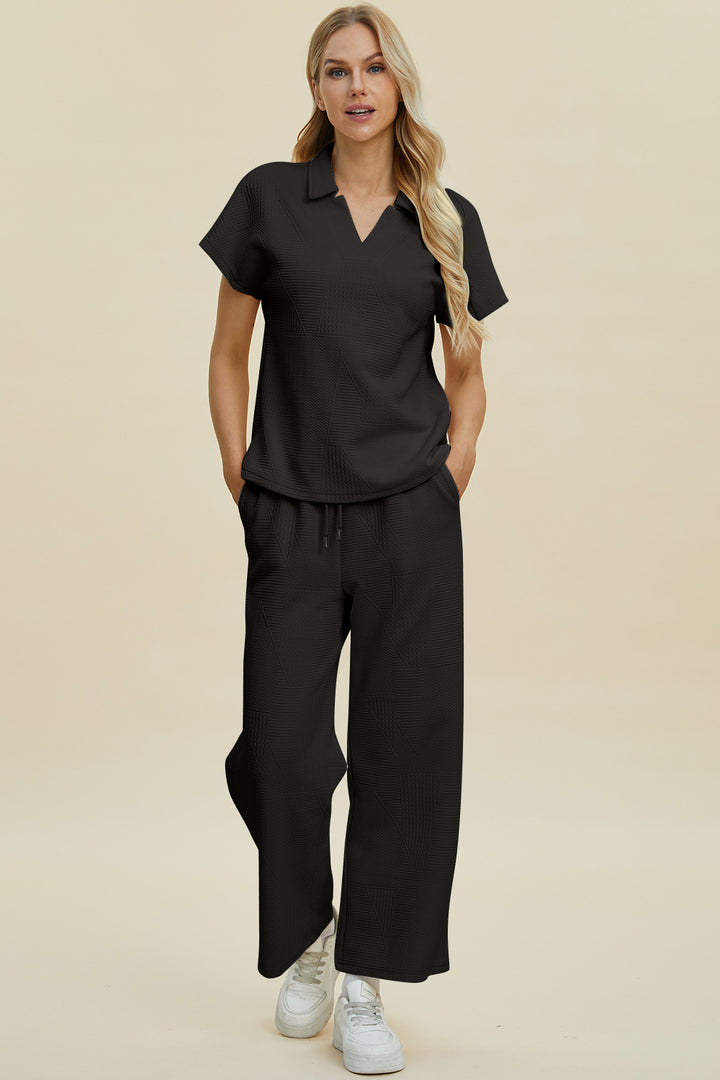Black Double Take Full Size Collared Neck Short Sleeve Top And Pants Set