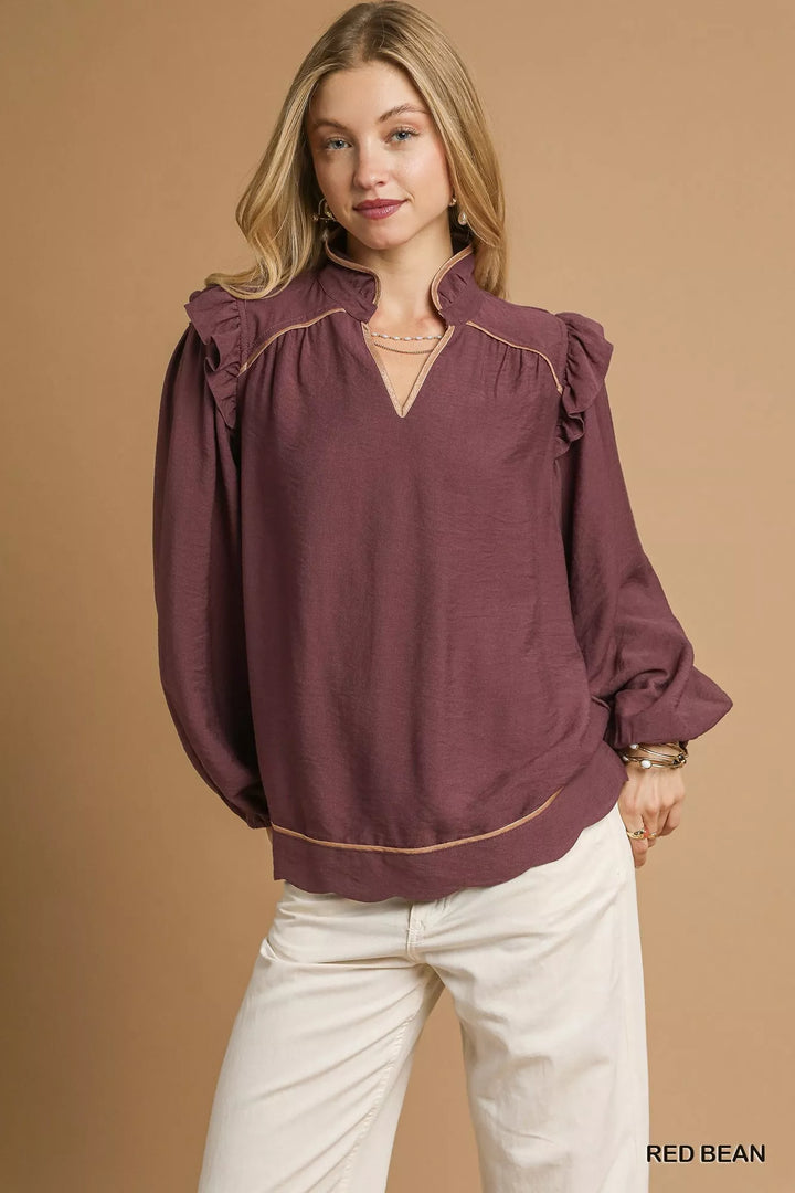 Red Bean Umgee Ruffle Shoulder Long Sleeve Blouse
