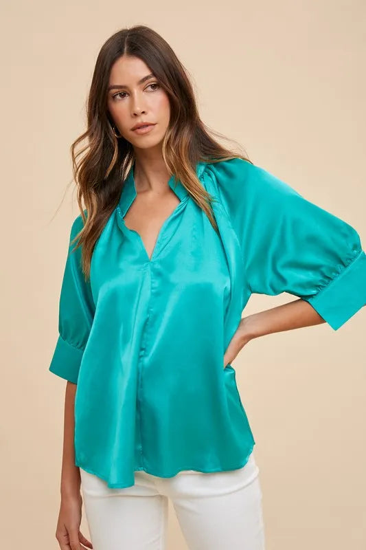 Emerald Annie Wear Satin V Neck Open Short Sleeve Woven Blouse Top 3