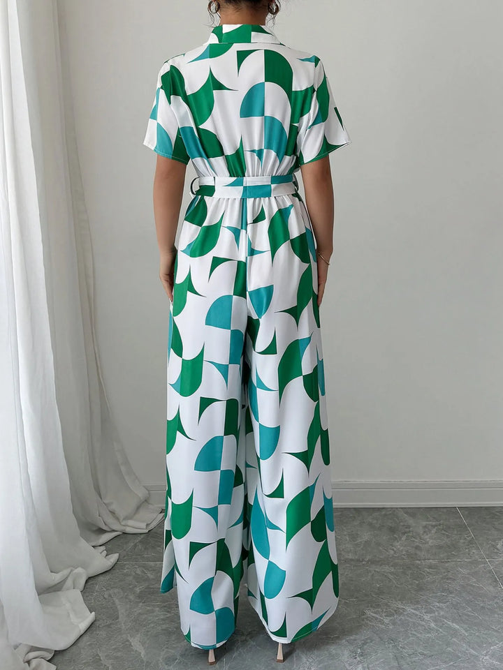 Turquoise Printed Wide Leg Belted Jumpsuit