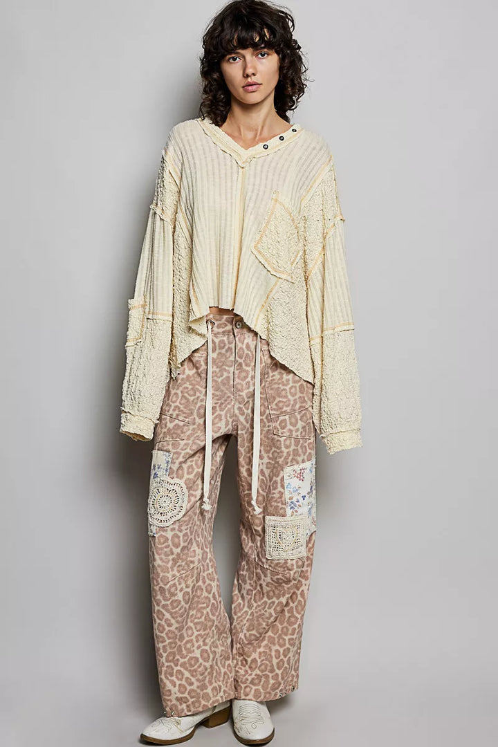 Pol V Neck Long Sleeve Top With Stitch Detail 1