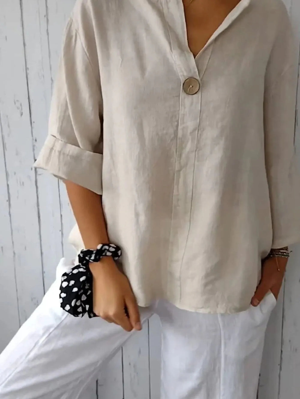 Apricot Full Size Linen Blend Notched Blouse Plus Size