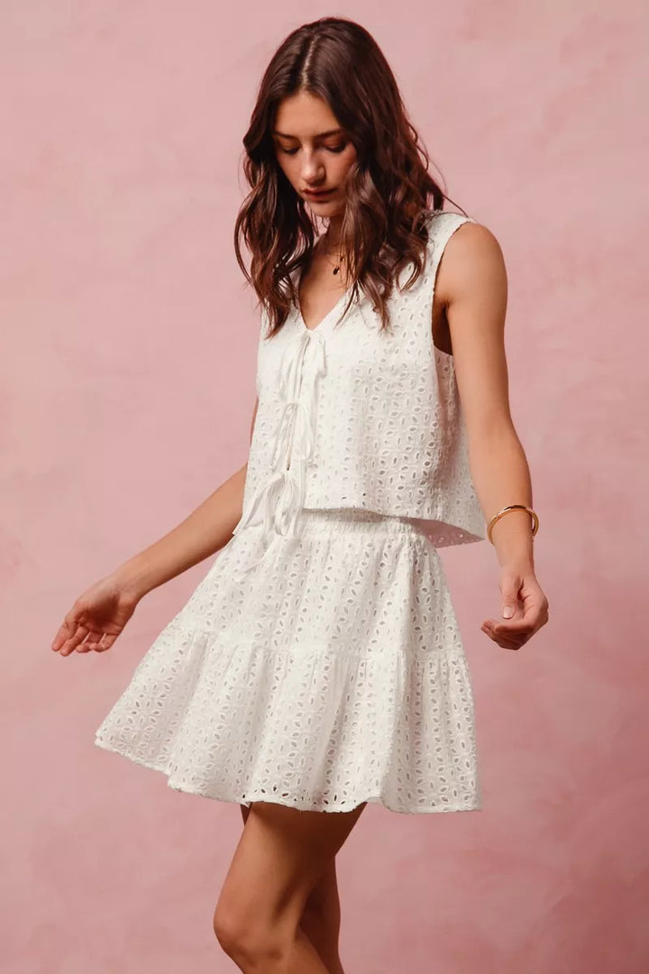 Off White So Me Floral Eyelet Lace Tie Front Vest Top And Tiered Mini Skirt Set