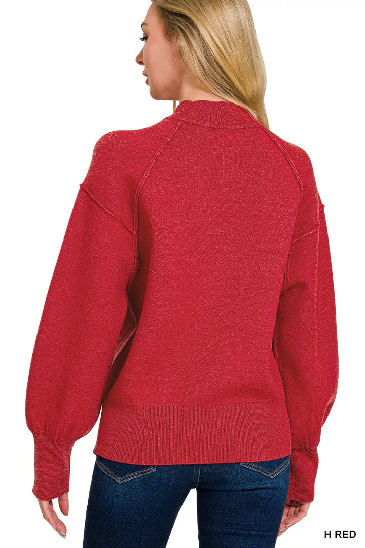 H Red Zenana Viscose Mock Neck Exposed Seam Sweater 4