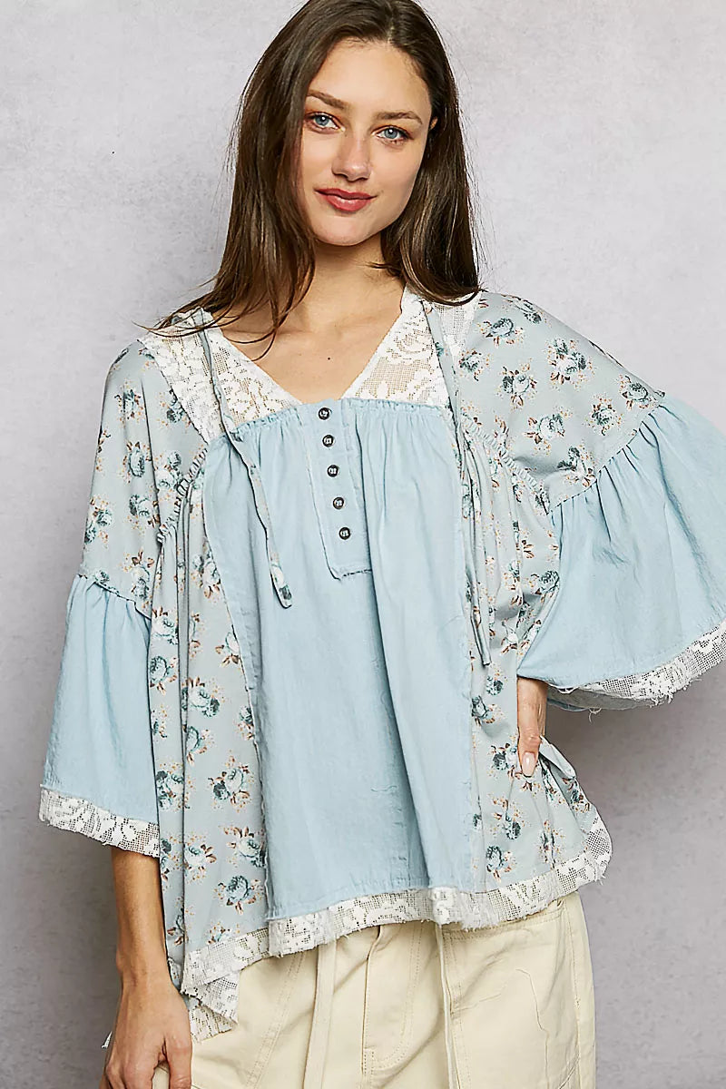 Denim Multi Pol Double Gauze Floral Patch Blouse With Lace Detail
