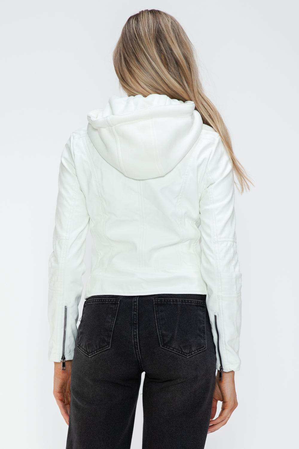 White Snobbish Faux Leather Zip Up Drawstring Hooded Jacket 3