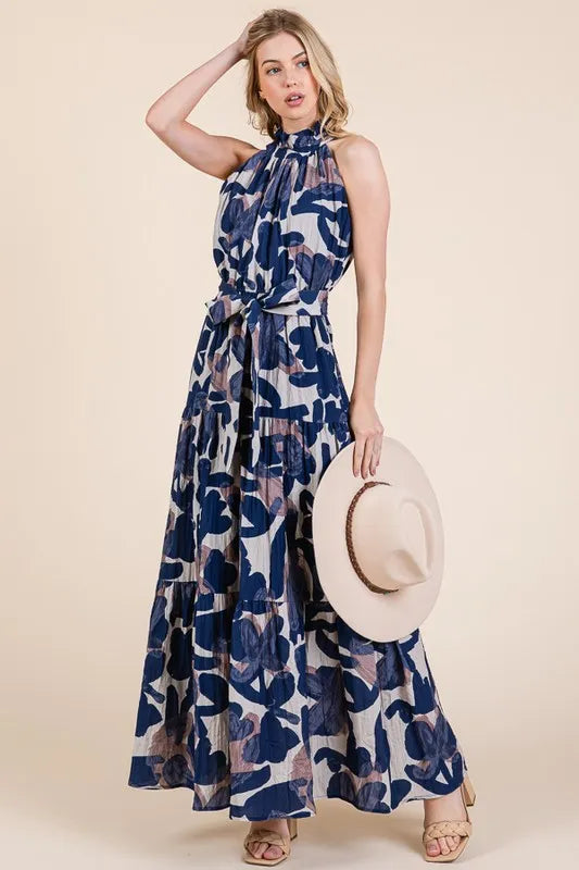 Lime N Chili Abstract Halter Neck Tie Waist Tiered Maxi Dress