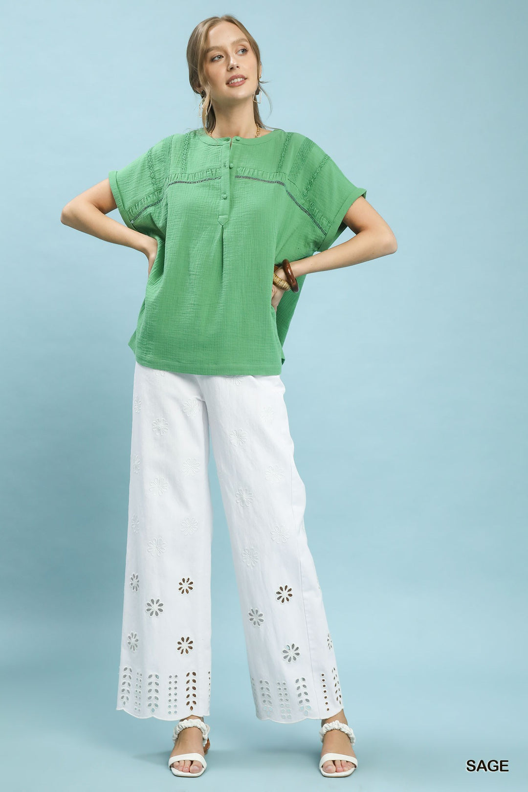 Umgee Textured Gauze Split Neck Boho Blouse 1