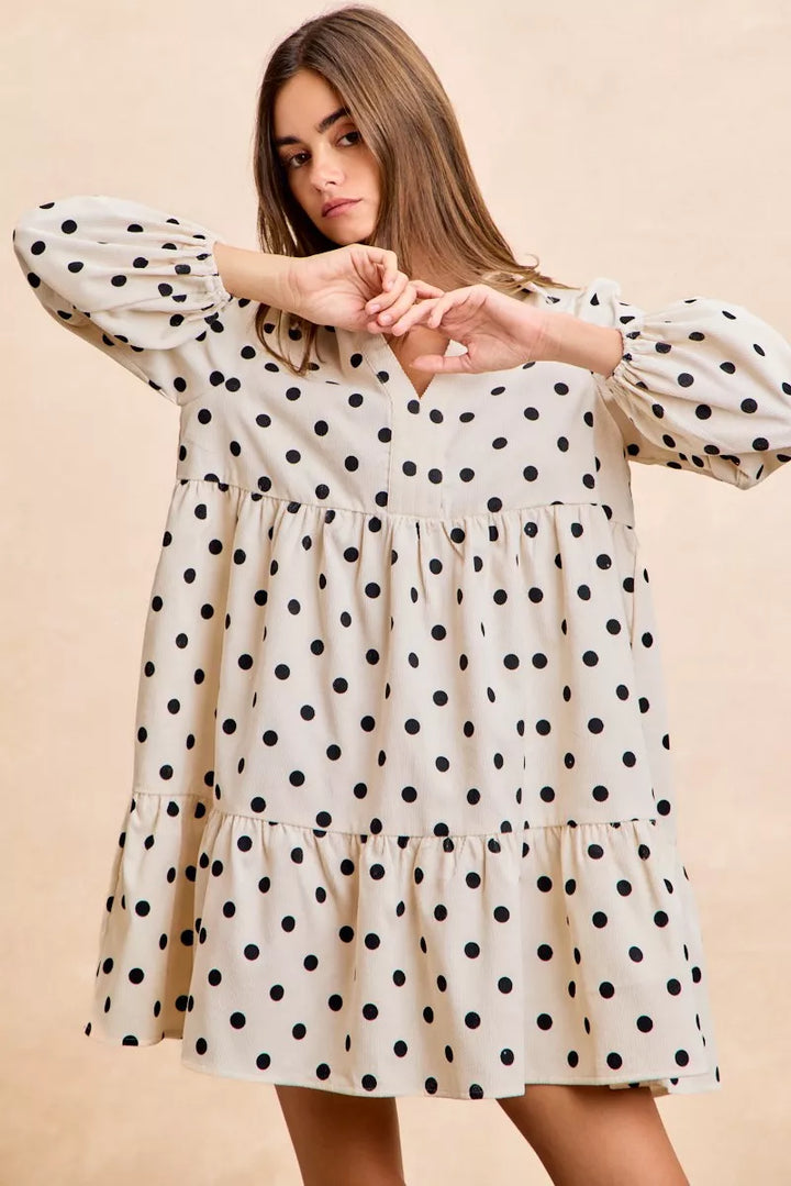 Bibi Polka Dot Corduroy Collared V Neck Dress