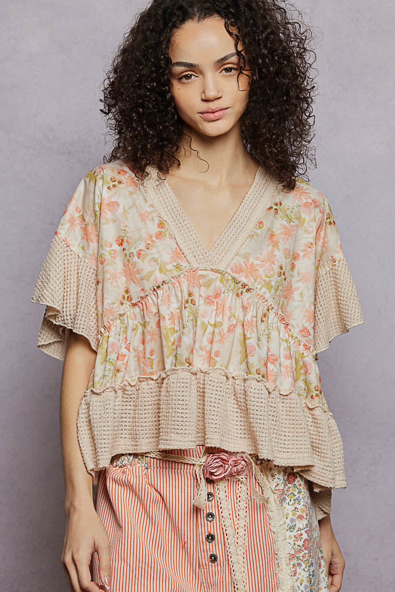 Almond Pol Floral Print V Neck Woven Blouse With Gentle Gathers