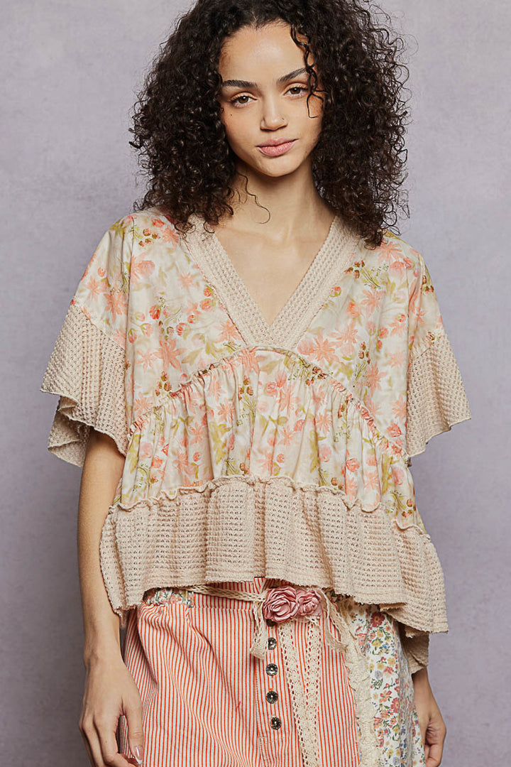 Almond Pol Floral Print V Neck Woven Blouse With Gentle Gathers