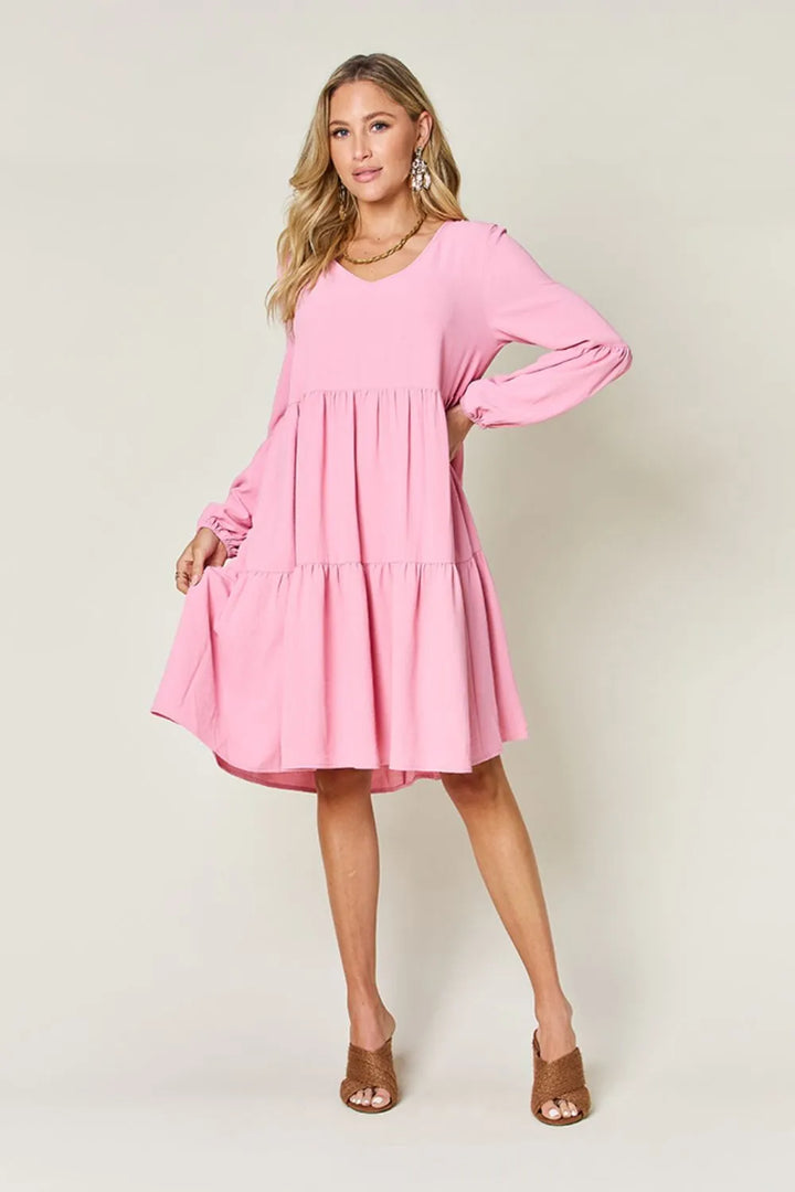 Pink Double Take Full Size V Neck Balloon Sleeve Tiered Dress With Pockets