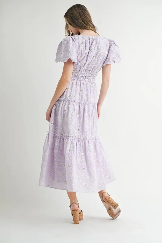 Mable Eyelet Lace Puff Sleeve V Neck Midi Dress 1