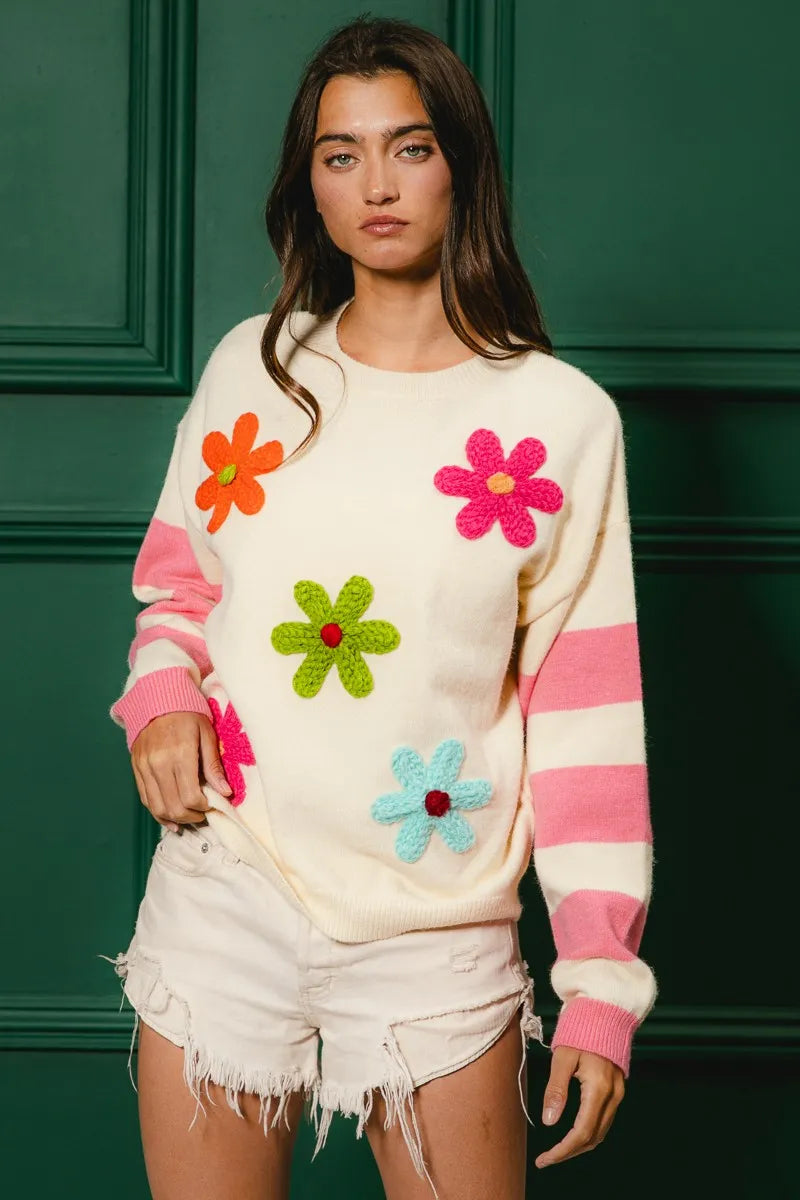 Bibi Colorful Floral Patched Sweater With Striped Sleeve