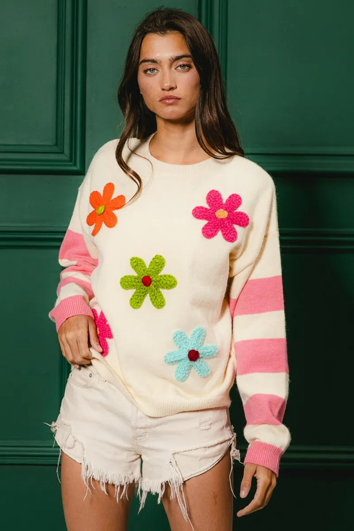 Bibi Colorful Floral Patched Sweater With Striped Sleeve