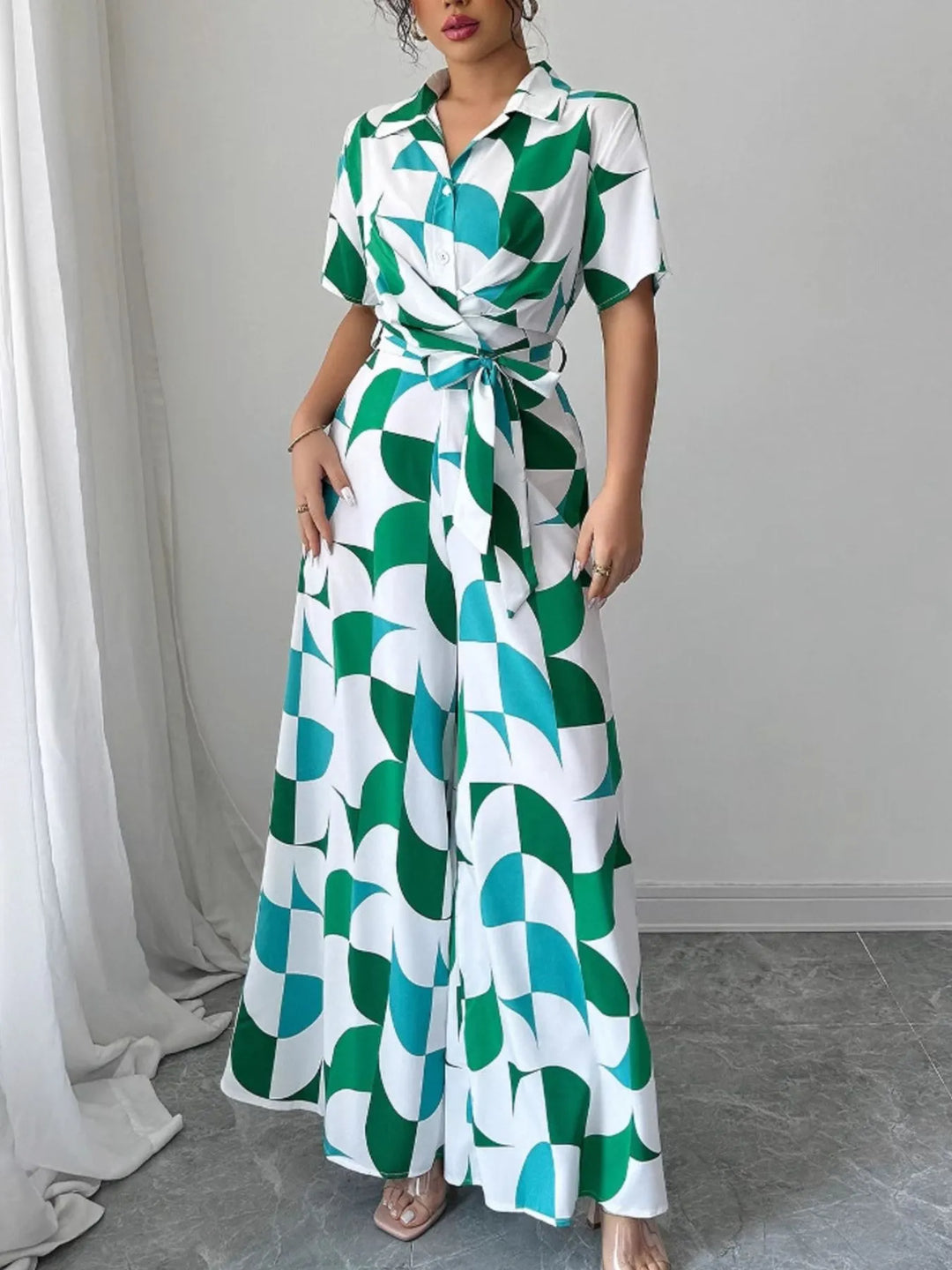 Turquoise Printed Wide Leg Belted Jumpsuit