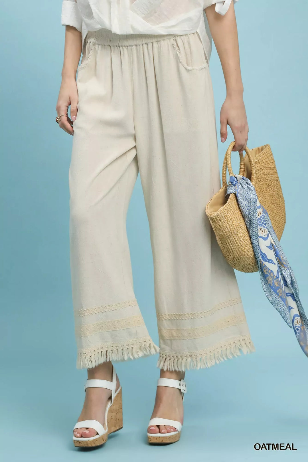 Oatmeal Umgee Lace Trim Fringe Hem Wide Leg Pants 1