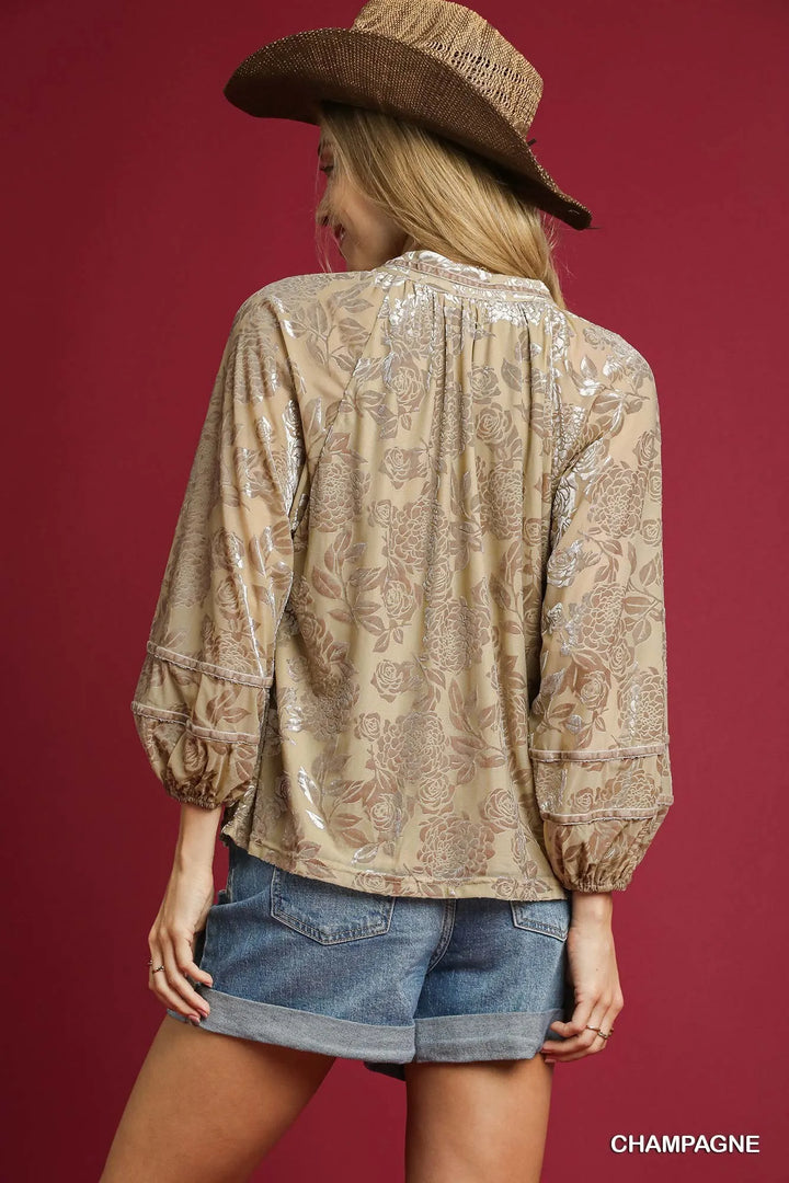Champagne Umgee Floral Velvet Blouse With Balloon Sleeves