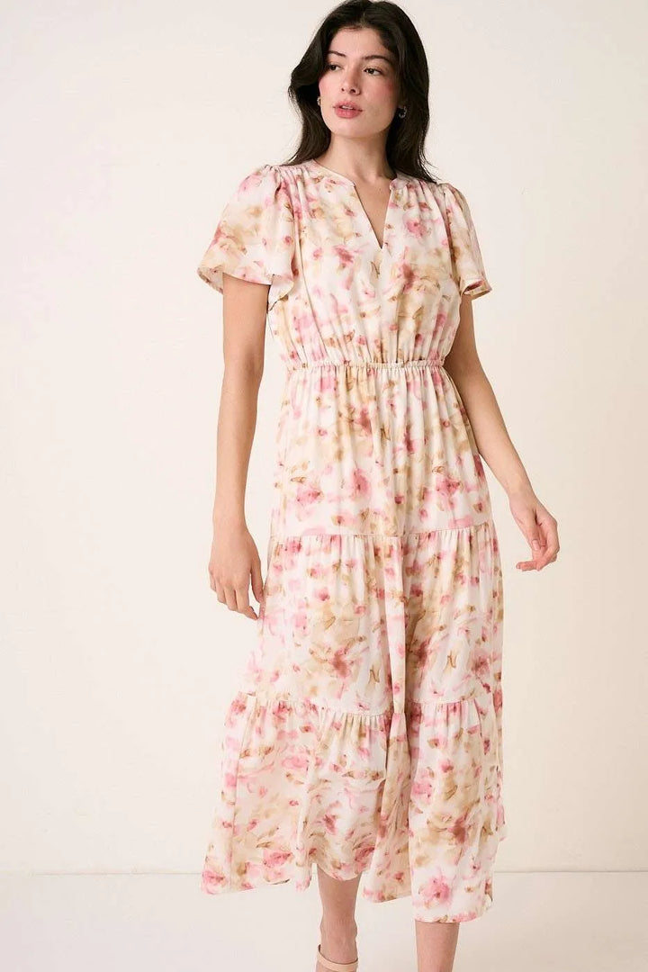 Pink Mittoshop Flower Print Flutter Sleeve V Slit Maxi Dress