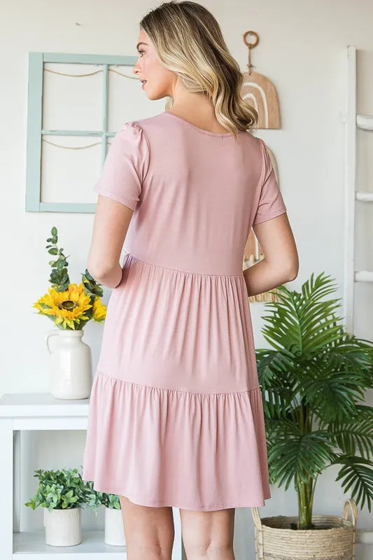 Dusty Rose Heimish Full Size Solid Mini Tiered Dress With Pompom Lace Plus Size