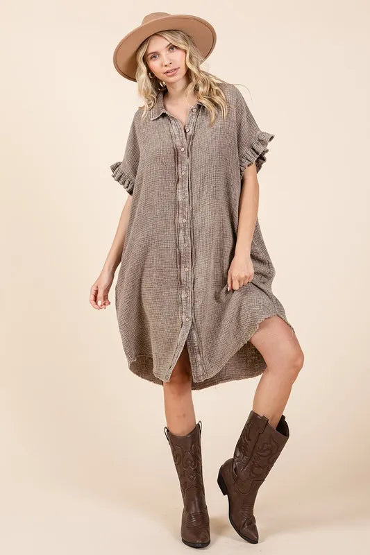 Toffee Mittoshop Mineral Wash Cotton Gauze Mini Shirt Dress
