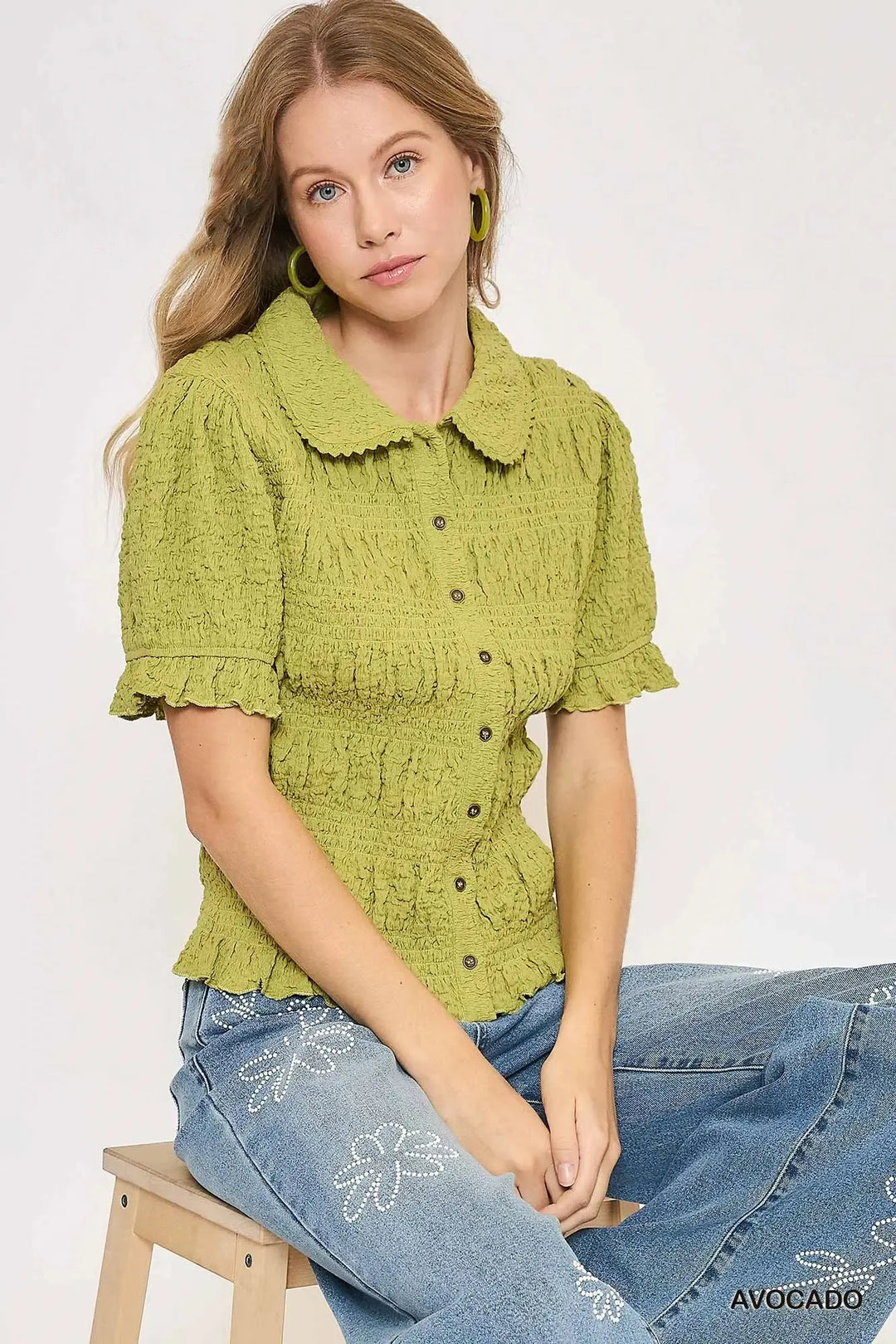 Avocado Umgee Smocked Short Sleeve Button Front Shirt With Peter Pan Collar