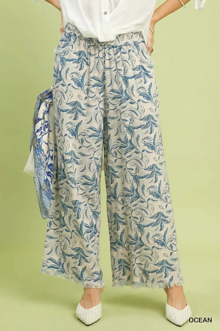 Ocean Umgee Linen Printed Wide Leg Raw Hem Pants