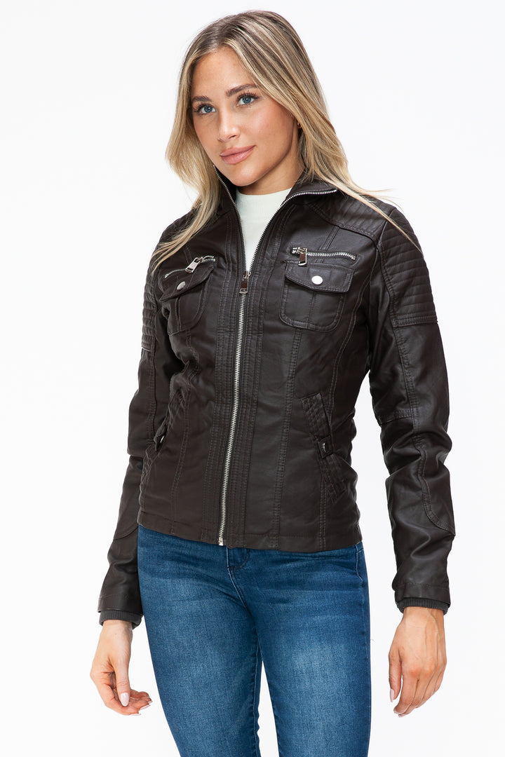 Ymi Removable Faux Layered Multi Pocket Jacket With Fuzzy Hood 3
