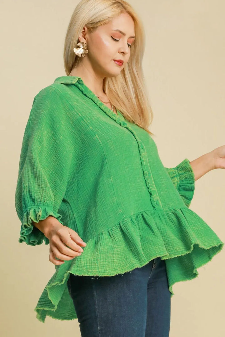 Green Umgee Full Size Mineral Washed Cotton Gauze Top Plus Size 1