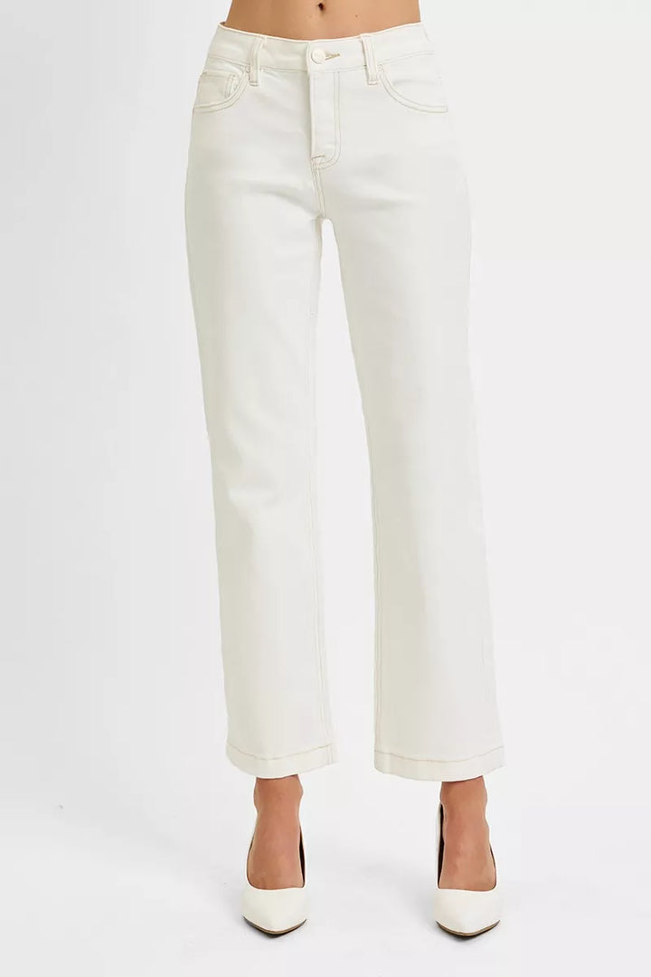 Cream Risen Full Size Tummy Control Mid Rise Ankle Straight Jeans Plus Size