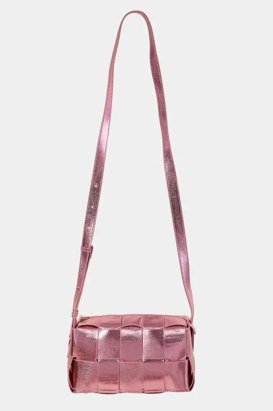 Silver Fame Woven Crossbody Bag With Adjustable Strap