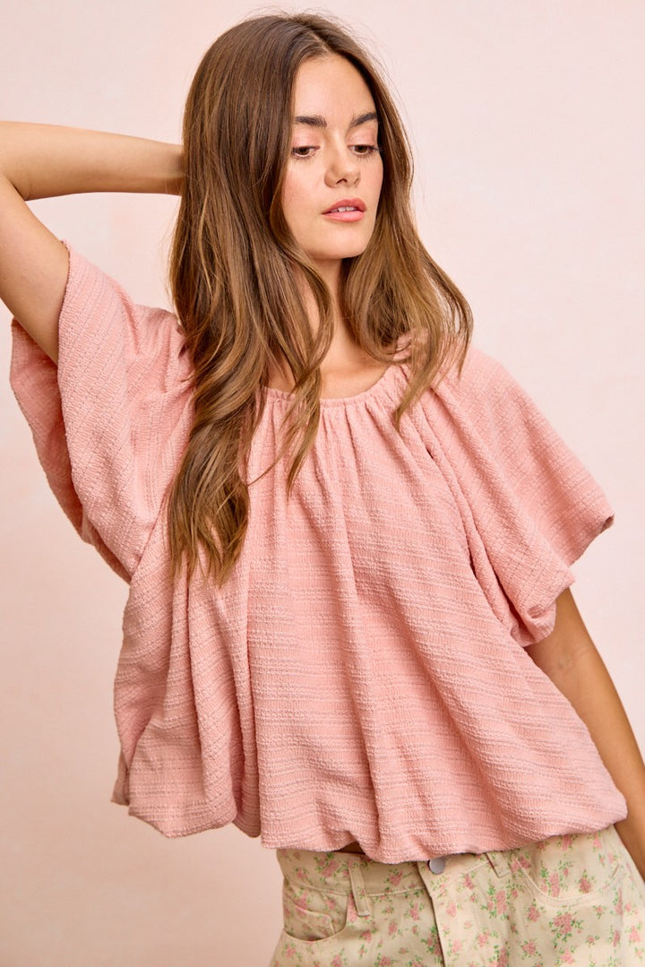 Bibi Stripes Textured Shirred Neckline Bubble Hem Top
