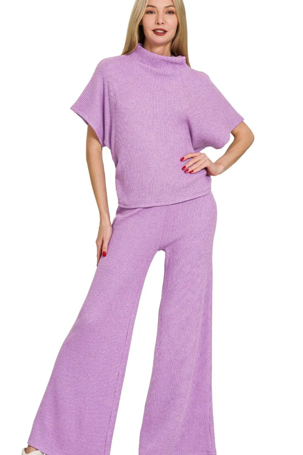 B Lavender Zenana Sweater Mock Neck Top Long Pants Set 4