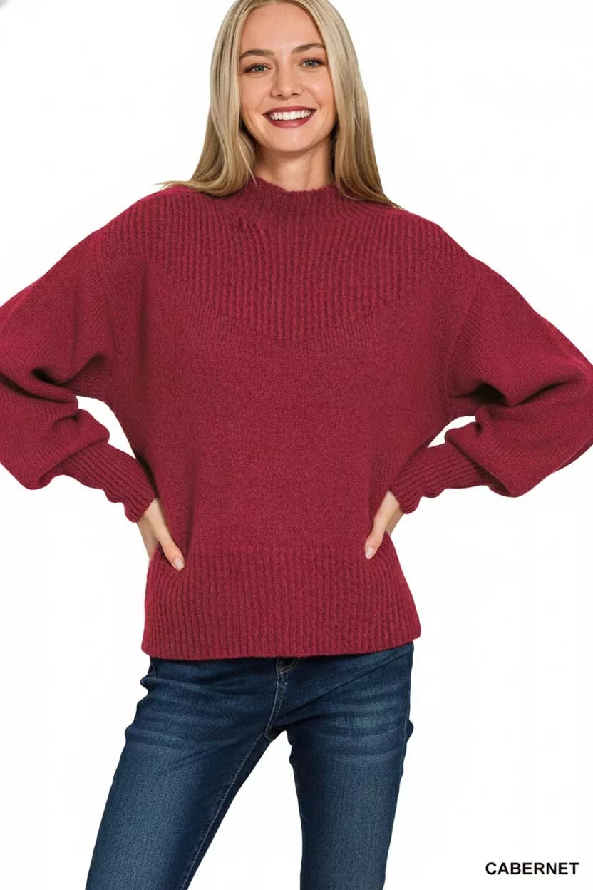 Cabernet Zenana Balloon Sleeve Mock Neck Sweater
