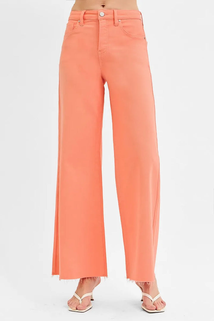 Coral Peach Risen Full Size Tummy Control High Rise Wide Leg Palazzo Jeans Plus Size