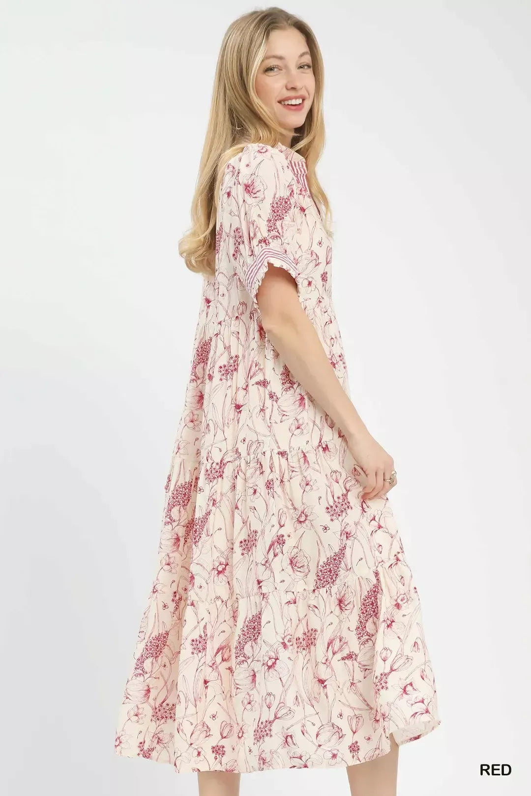 Red Umgee Floral Tiered Midi Dress With Ruffle Trim 1