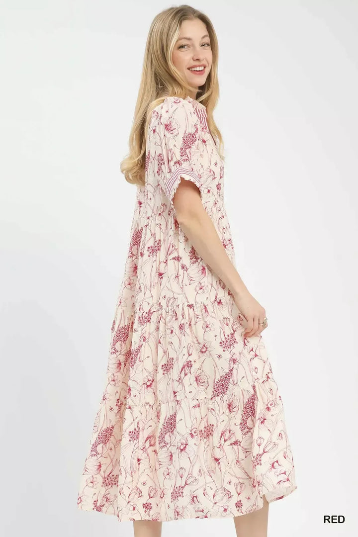 Red Umgee Floral Tiered Midi Dress With Ruffle Trim 1