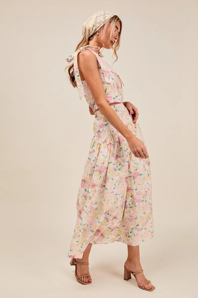 Floral So Me Floral Printed Woven Shoulder Bow Tie Top And Skirt Set