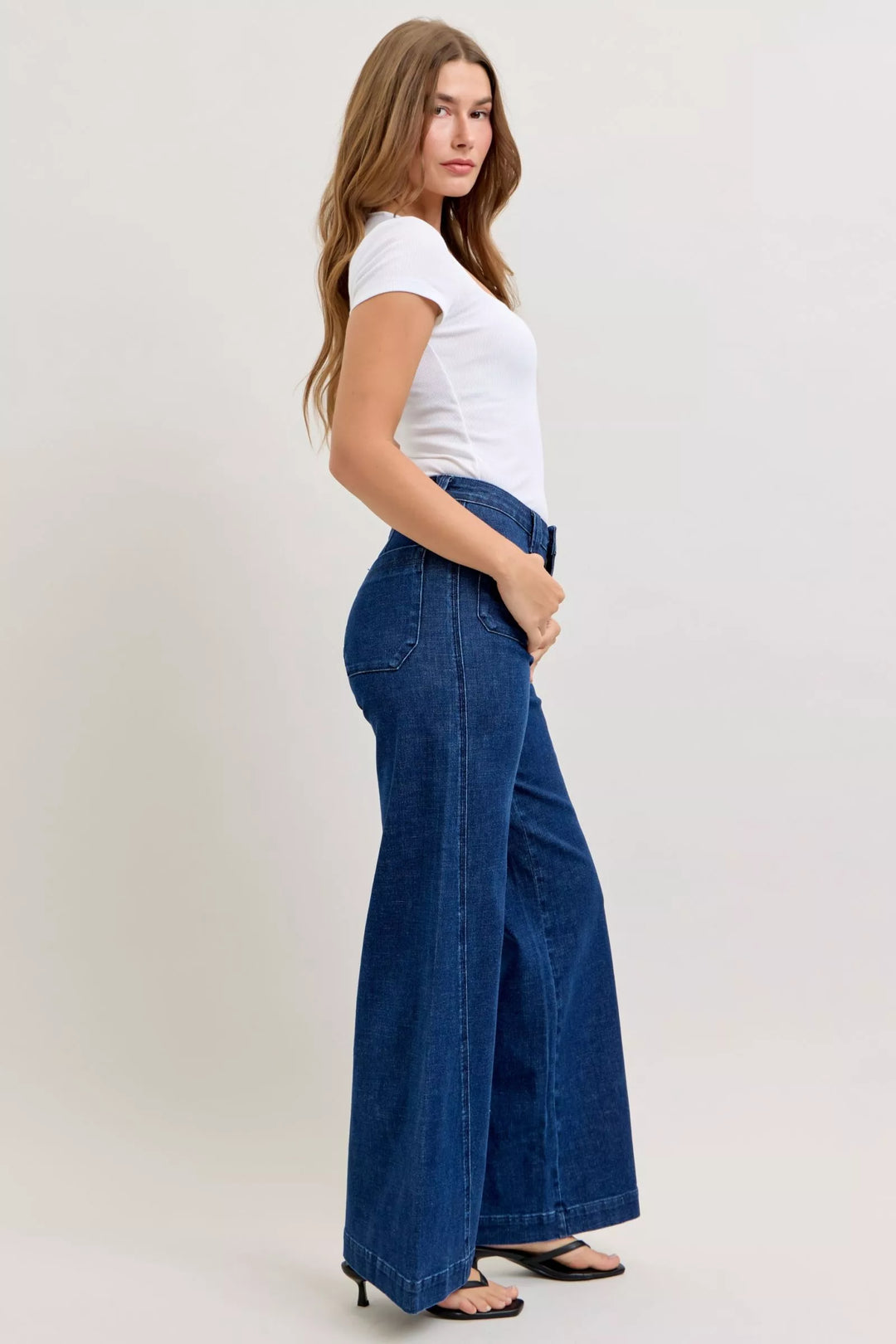 Dk Judy Blue High Waisted Retro Wide Jeans With Patch Pkts Twisted Seams