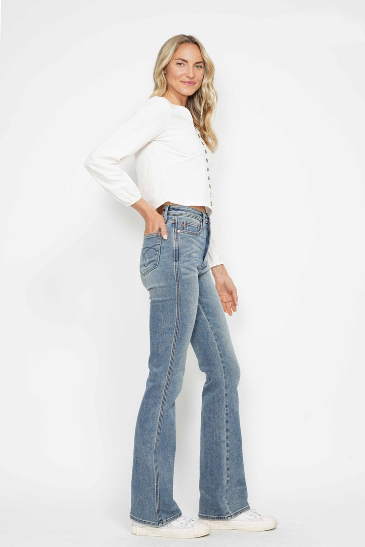 REG INSEAM Judy Blue Full Size Tummy Control Back Embroidered Pocketed Bootcut Jeans Plus Size