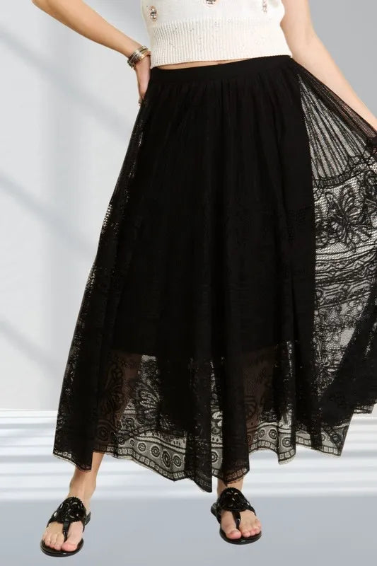Black Adora Elastic Waist Raw Hem Lace Maxi Skirt
