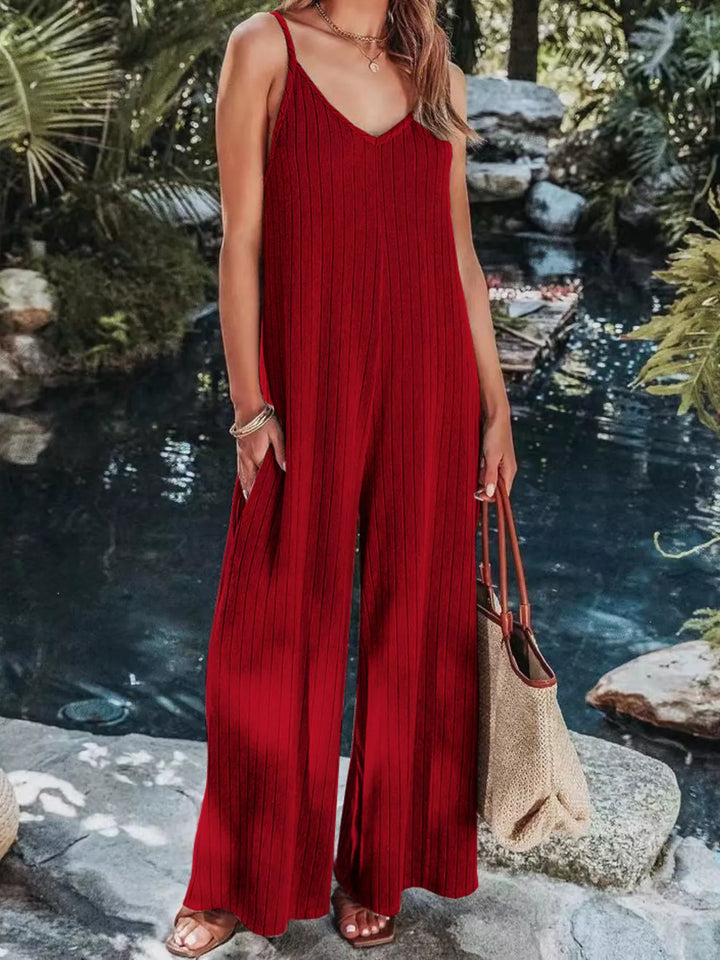 Deep Red Ribbed V Neck Wide Leg Jumpsuit