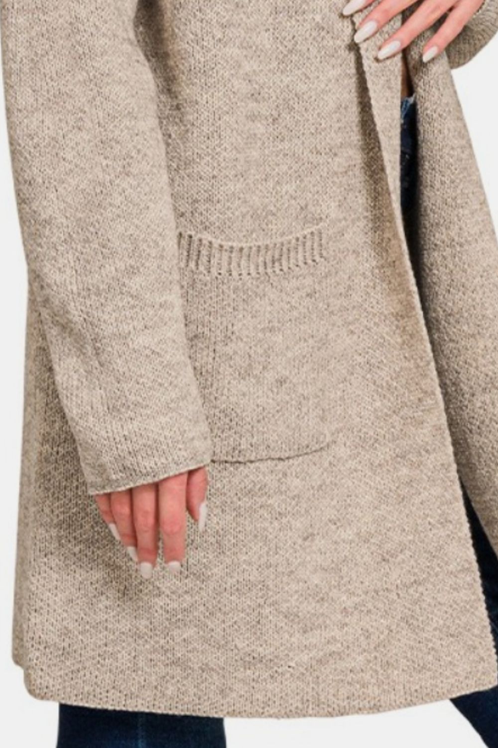 H Mocha Zenana Hooded Open Front Sweater Cardigan 1