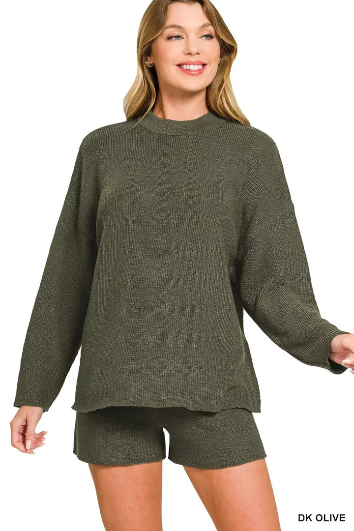 Dk Olive Zenana Round Neck Knit Top And Shorts Sweater Set