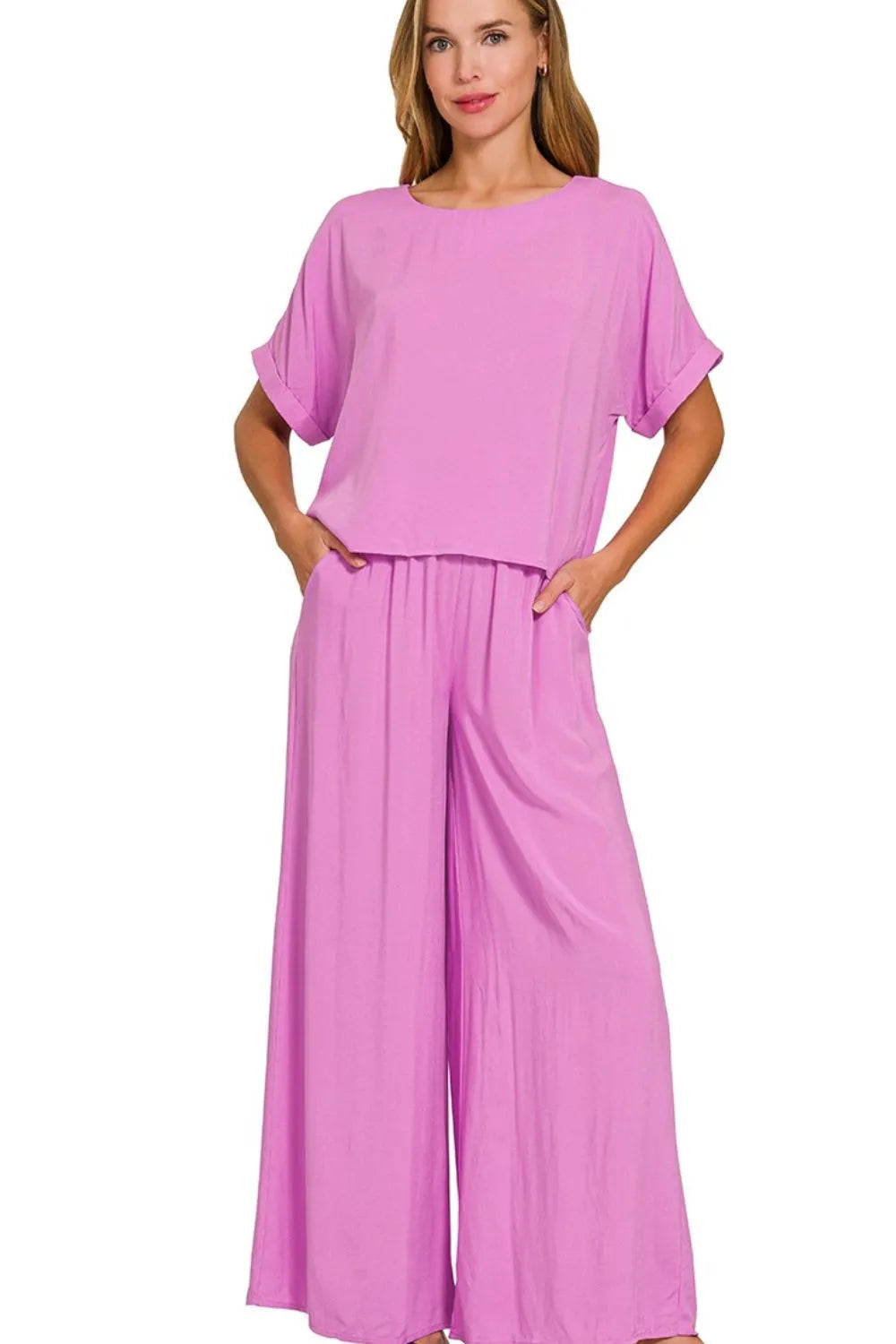 Bright Mauve Zenana Round Neck T Shirt And Wide Leg Pants Set 3