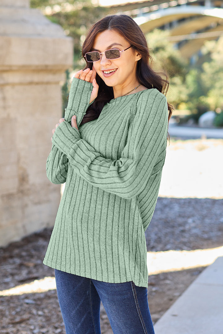 Khaki Basic Bae Full Size Ribbed Round Neck Long Sleeve Knit Top