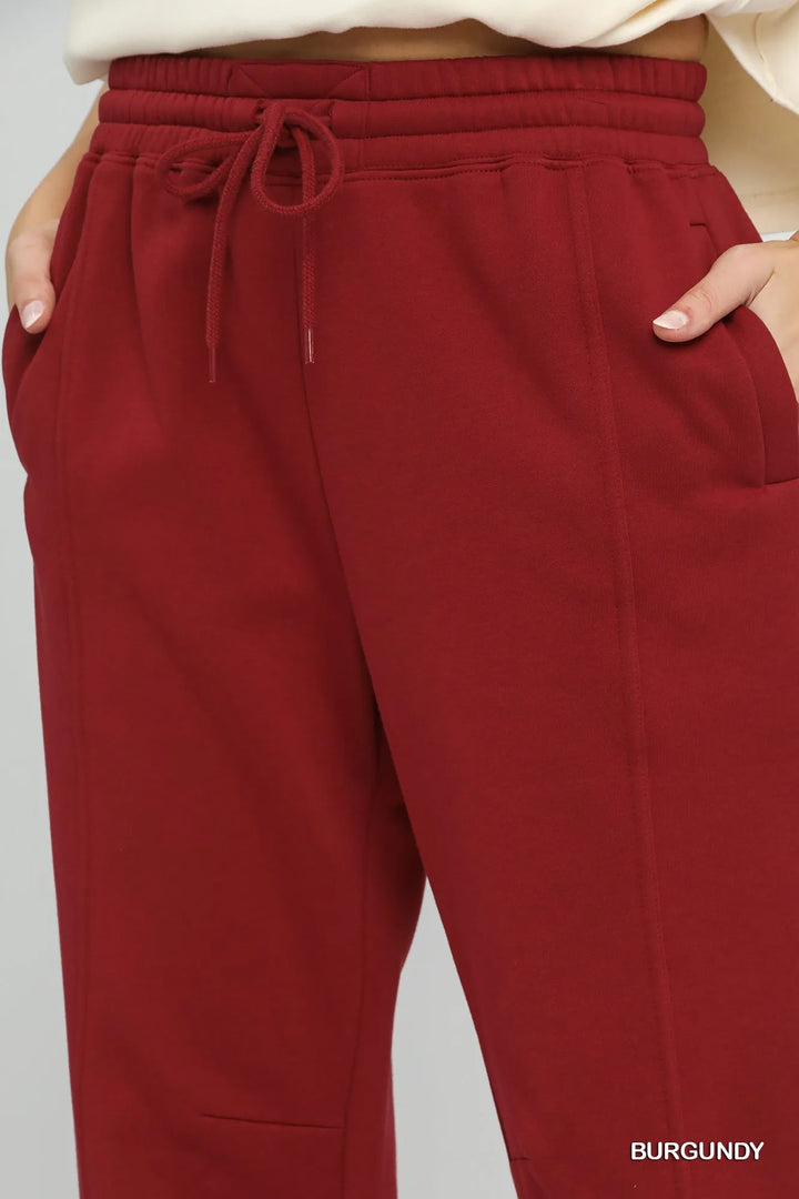 Burgundy Umgee Fleece Jogger Pants With Drawstring 1