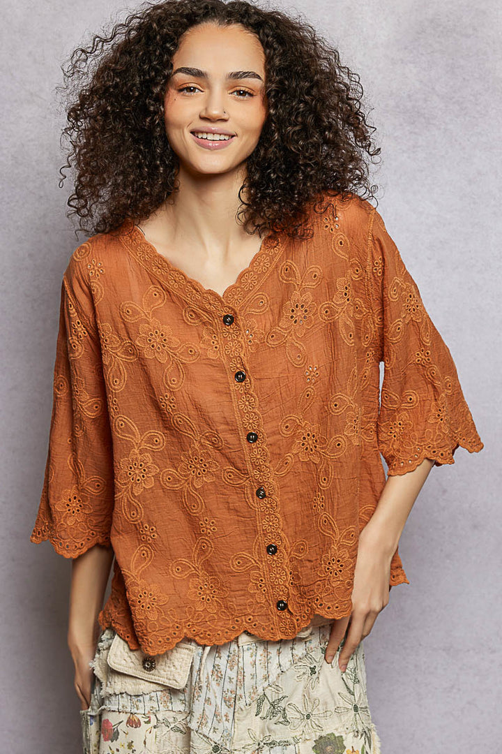 Camel Pol Floral Eyelet V Neck Salloped Shirt 1