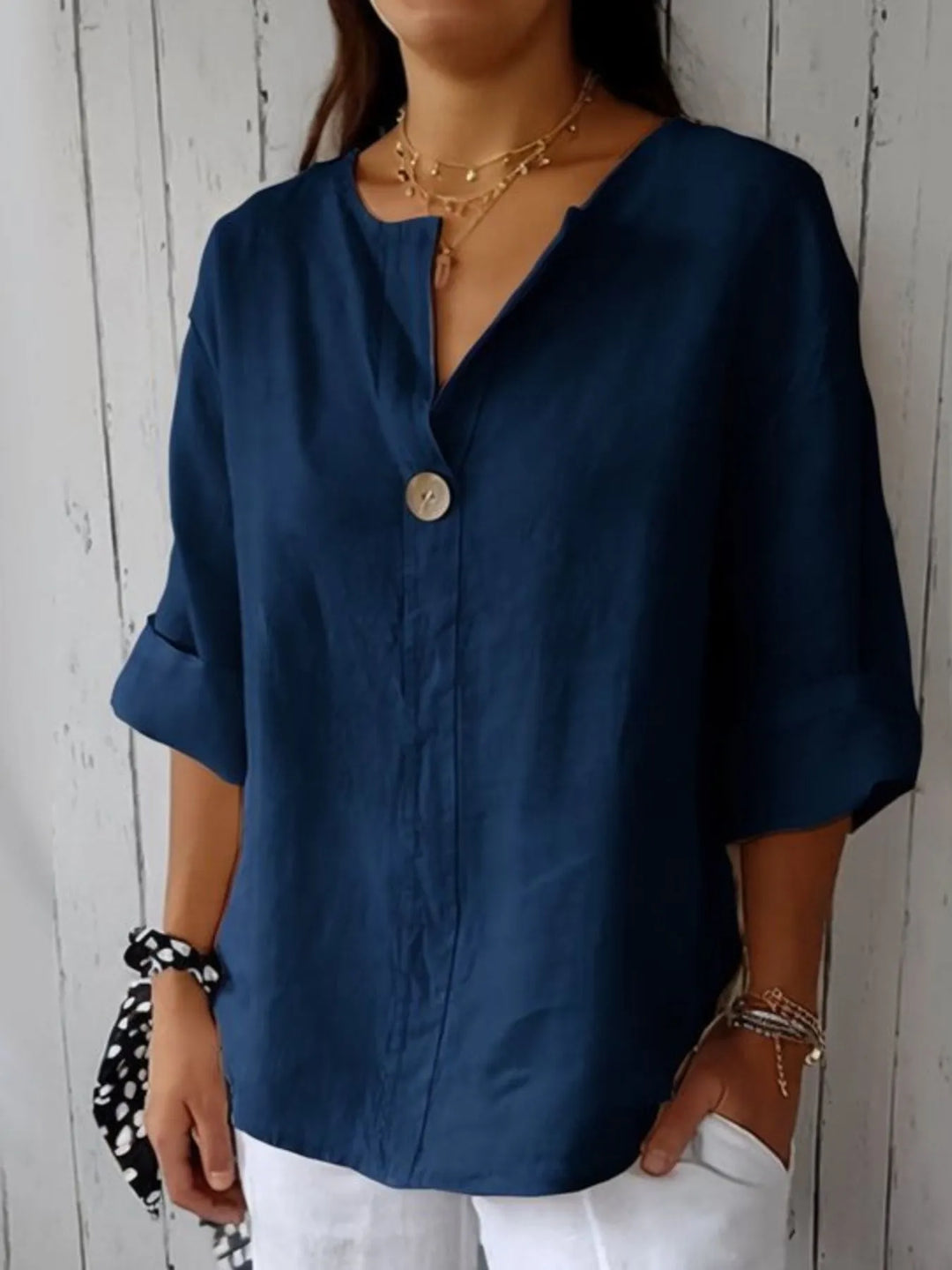 Black Full Size Linen Blend Notched Blouse Plus Size